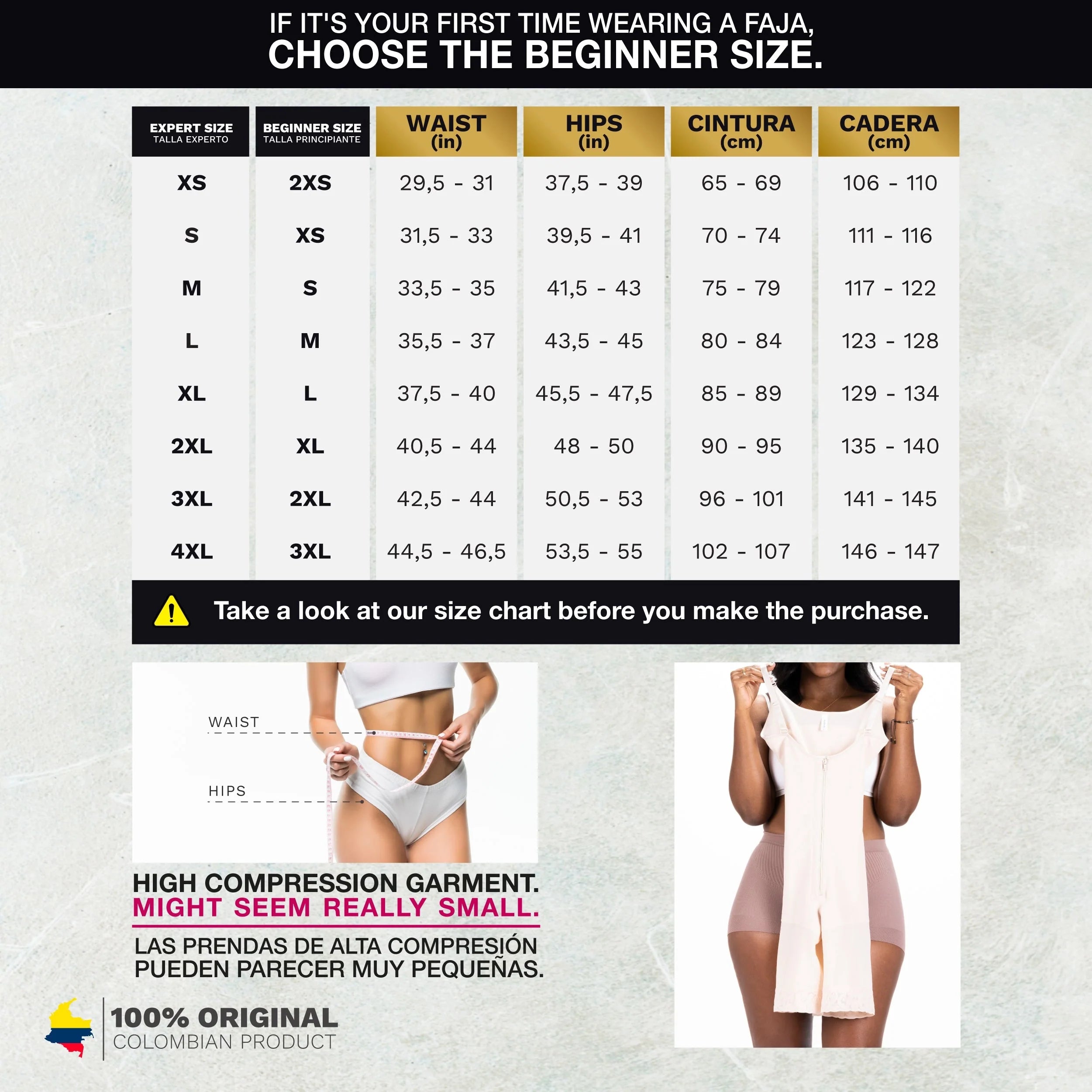 Bling Shapers BLI-098BF faja colombiana size chart with waist hip measurements, Colombian shapewear beginner expert sizing gu