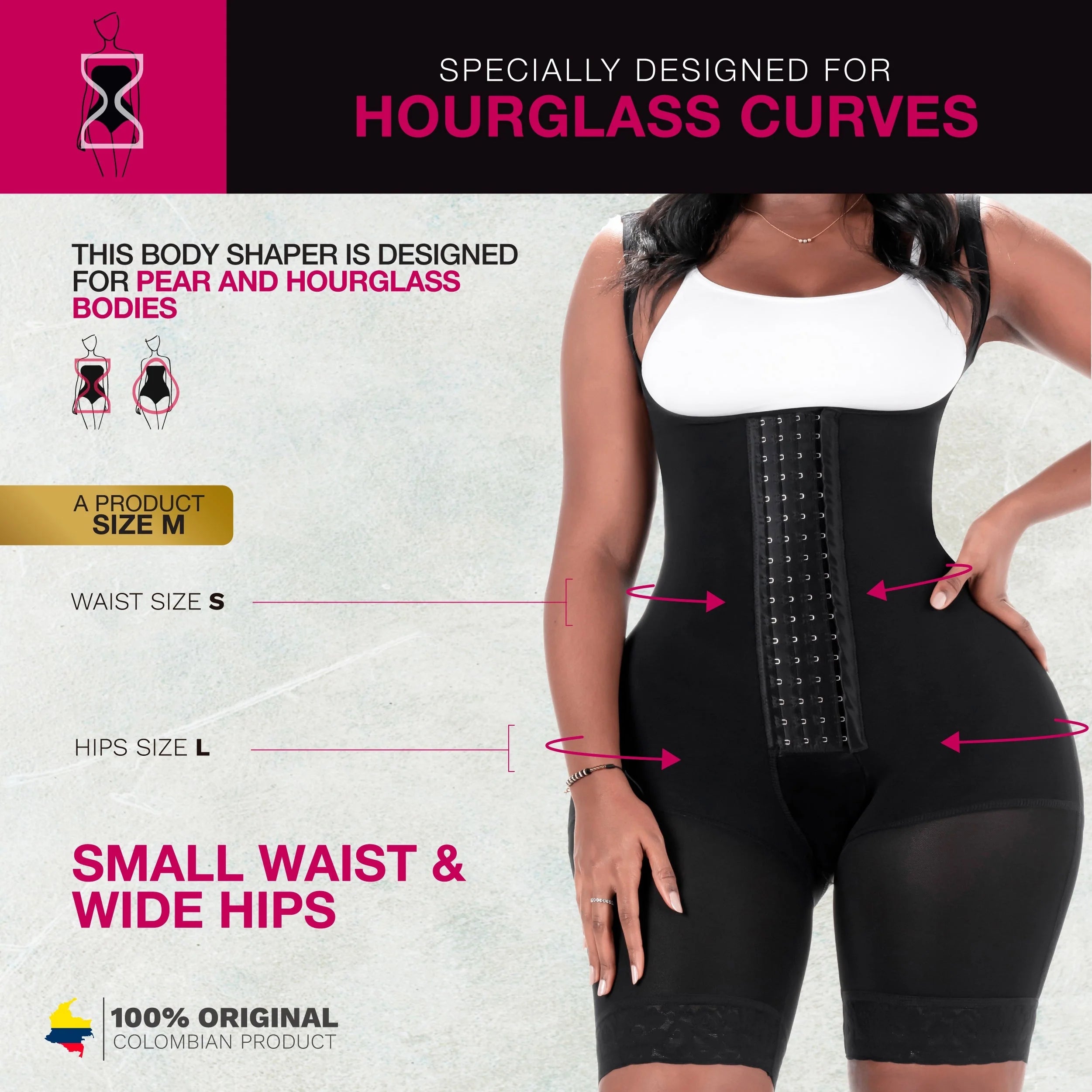 Bling Shapers BLI-098BF black open-bust faja colombiana with hook closure, hourglass body shaper for small waist wide hips
