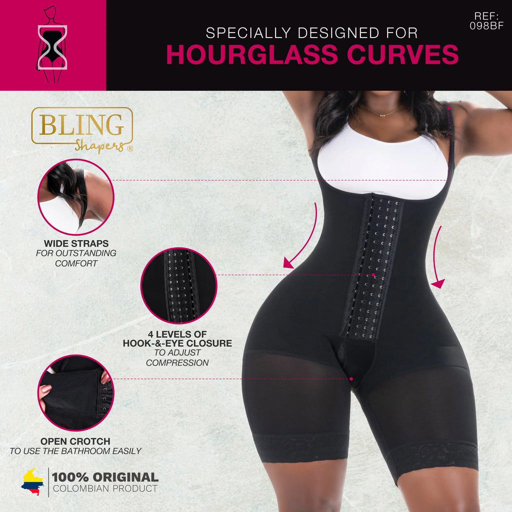 Bling Shapers 098BF black open-bust Colombian shapewear faja with hook-and-eye closure, daily body shaper for hourglass curve
