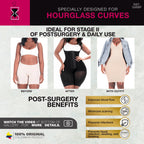 Bling Shapers 098BF black open-bust post-surgery faja colombiana with hook closure, Colombian shapewear before after view
