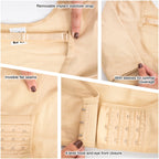 Fajas MyD MYD0004 beige post-surgery faja detail view showing removable implant strap, flat seams, sleeves, and 4-level hook 