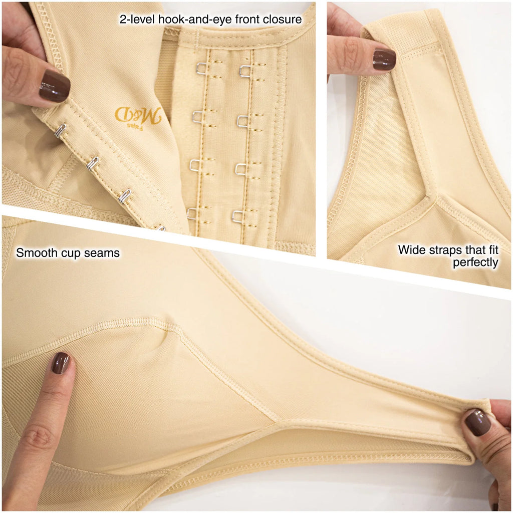 Fajas MyD MYD0016 beige post-surgery faja detail view showing hook-and-eye closure, smooth cup seams, and wide straps Colombi