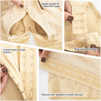 Fajas MyD 0029 beige post-surgery faja detail view showing zipper gusset, hook-and-eye closure, adjustable straps, and silico