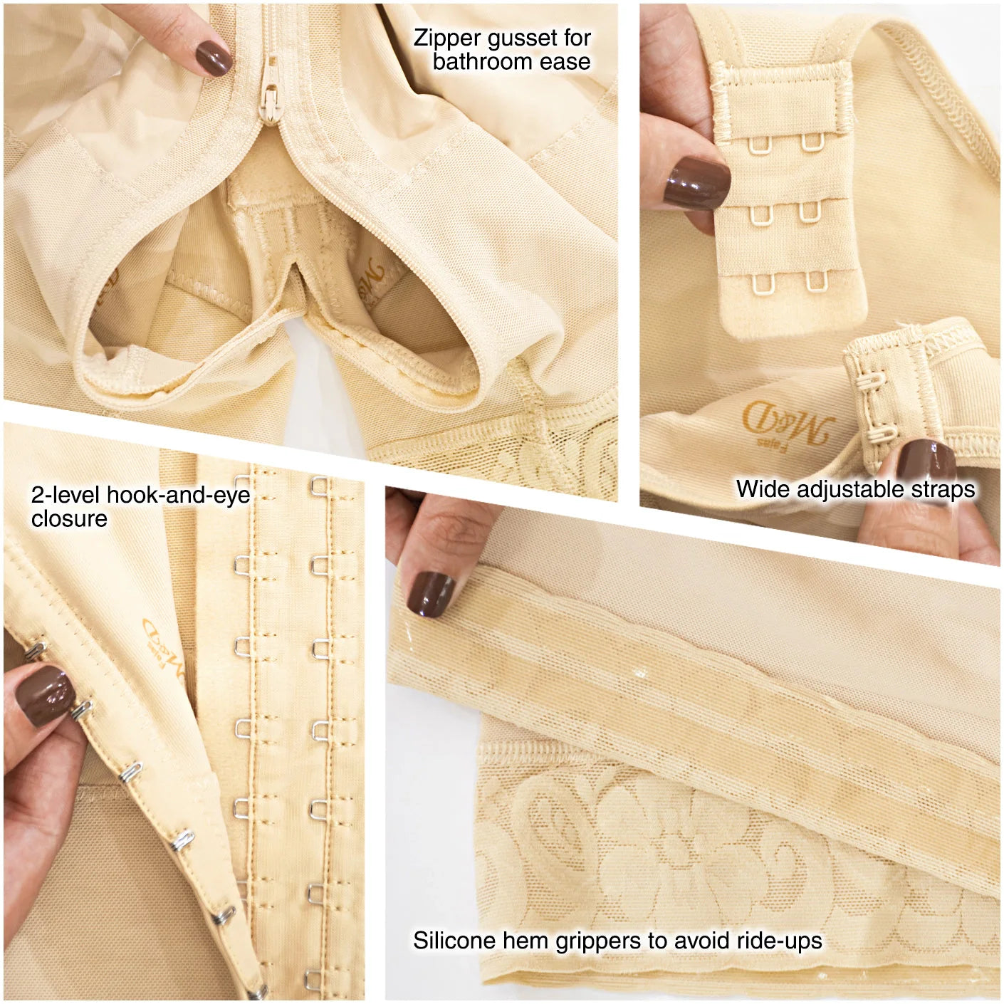 Fajas MyD 0029 beige post-surgery faja detail view showing zipper gusset, hook-and-eye closure, adjustable straps, and silico