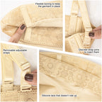 Fajas MyD MYD0036 beige post-surgery faja detail view showing flexible boning, silicone lace, and removable adjustable straps