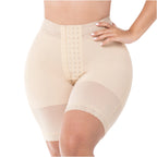 Fajas MyD MYD00428 beige high-waist post-surgery faja with hook closure and lace trim, Colombian shapewear shorts front view