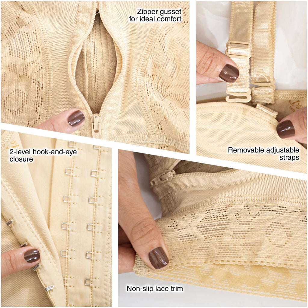 Fajas MyD MYD0047 beige post-surgery faja detail view showing zipper gusset, hook-and-eye closure, adjustable straps, and non