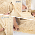 Fajas MyD MYD0047 beige post-surgery faja detail view showing zipper gusset, hook-and-eye closure, adjustable straps, and non