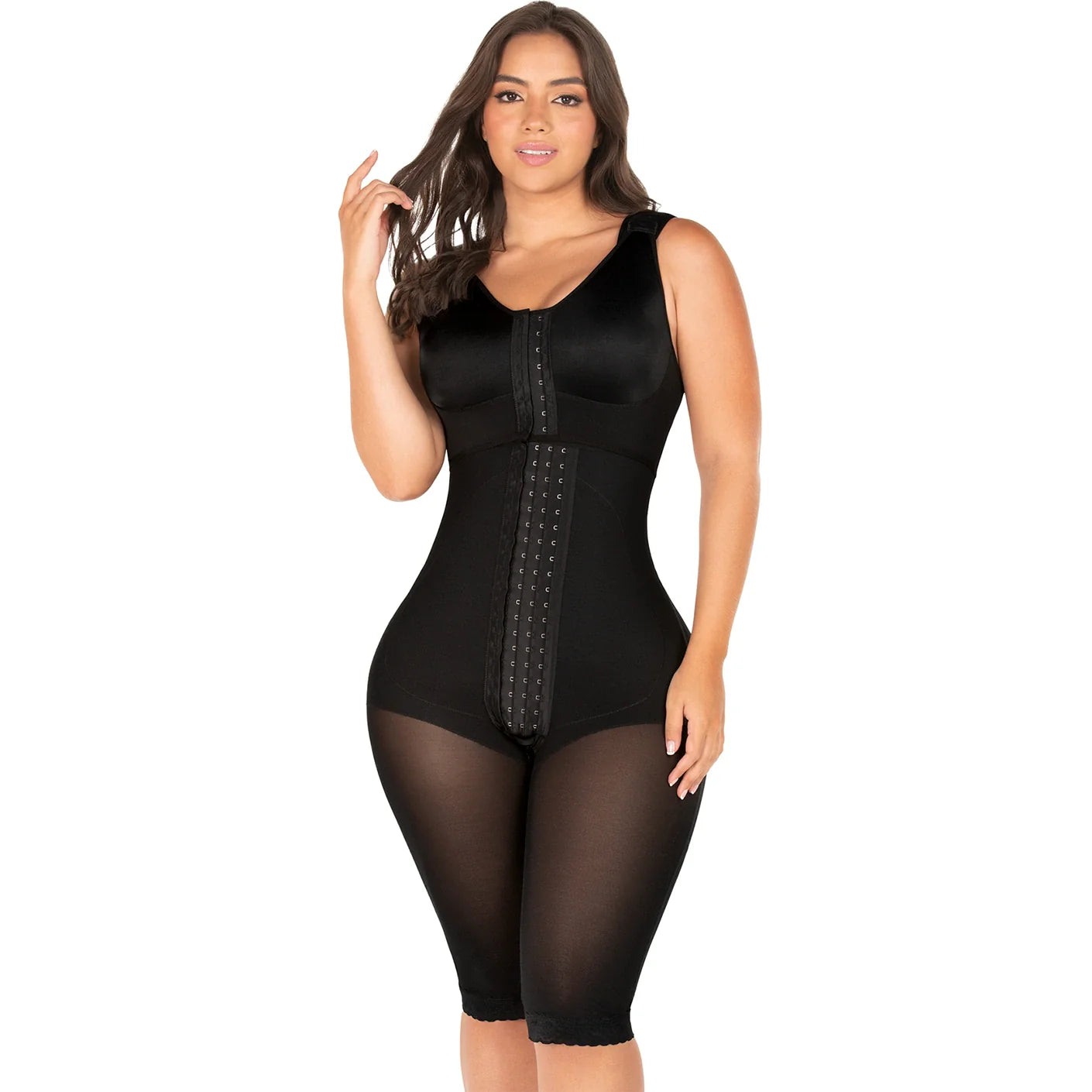 Fajas MyD MYDF0470 black full-body post-surgery faja with hook closure, Colombian shapewear compression garment front view