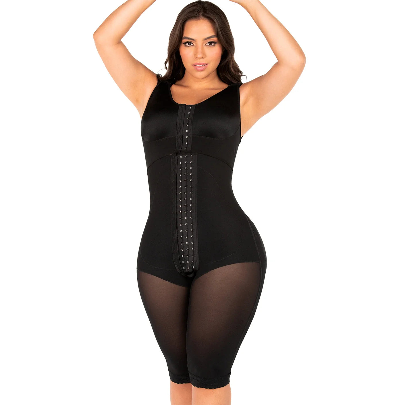Fajas MyD MYDF0470 black full-body post-surgery faja with hook closure, Colombian shapewear compression garment front view