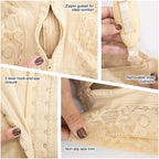 Fajas MyD MYD0048 beige post-surgery faja detail view showing zipper gusset, hook-and-eye closure, removable strap cushions, 
