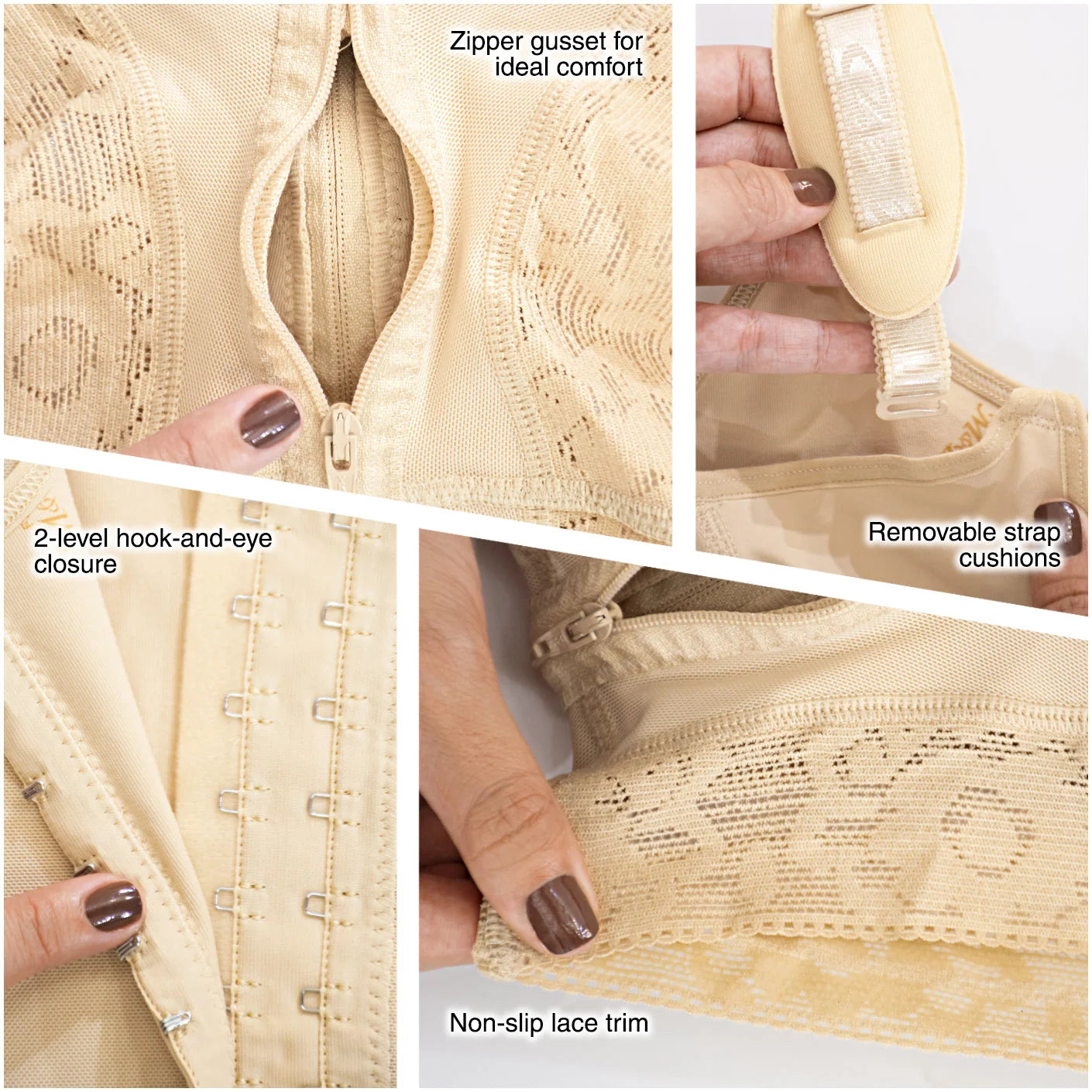 Fajas MyD MYD0048 beige post-surgery faja detail view showing zipper gusset, hook-and-eye closure, removable strap cushions, 
