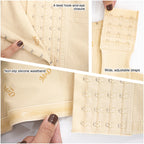 Fajas MyD MYD0060 beige post-surgery faja detail view showing 4-level hook-and-eye closure, non-slip silicone waistband, and 
