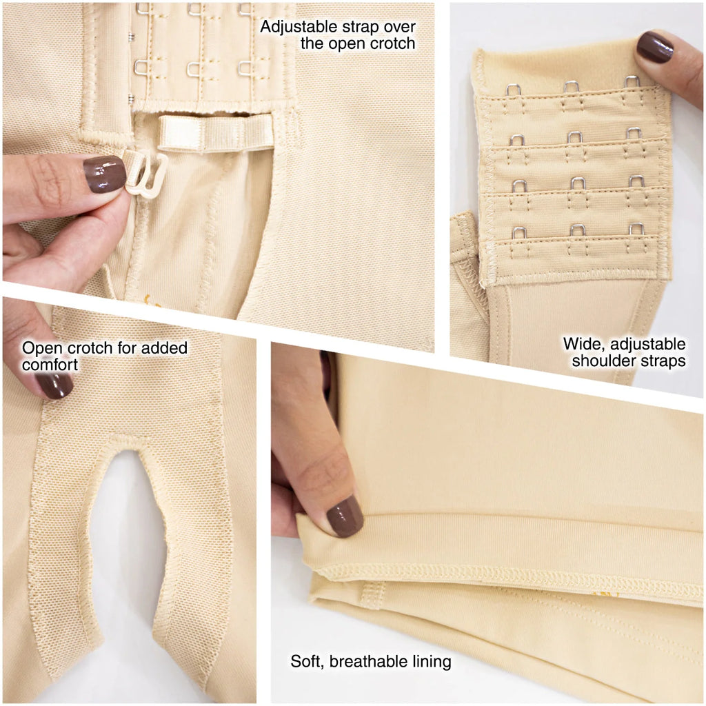 Fajas MyD MYD0061 beige post-surgery faja detail view showing open crotch, hook closures, and breathable lining, Colombian co