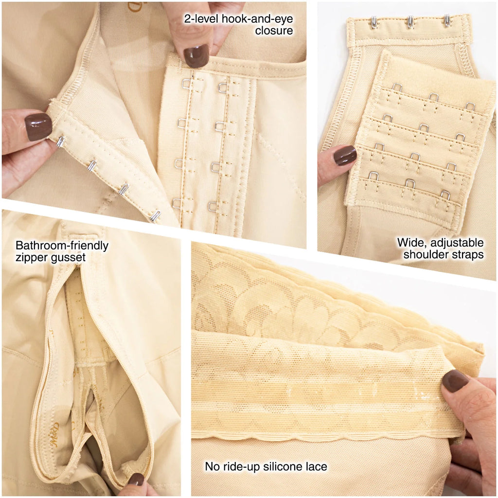 Fajas MyD MYD0065 beige post-surgery faja detail view showing hook-and-eye closure, zipper gusset, adjustable straps, and sil