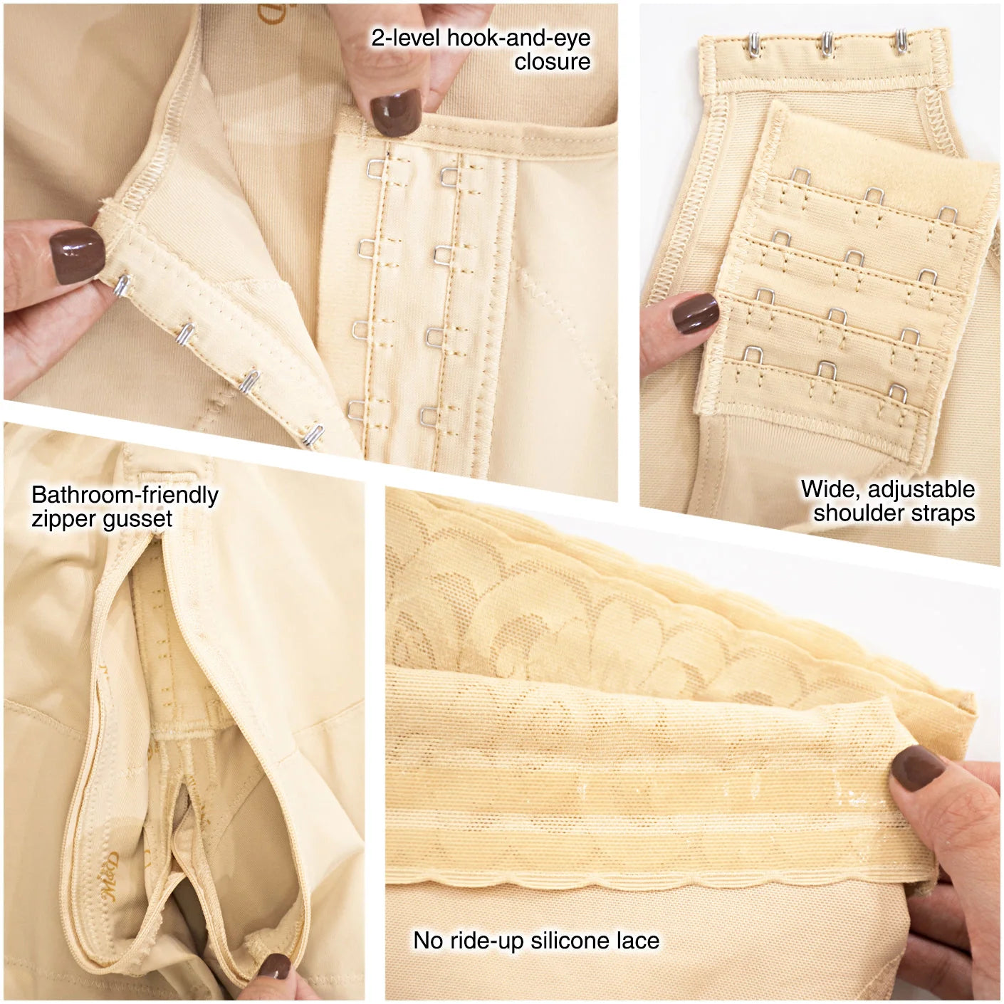 Fajas MyD MYD0065 beige post-surgery faja detail view showing hook-and-eye closure, zipper gusset, adjustable straps, and sil