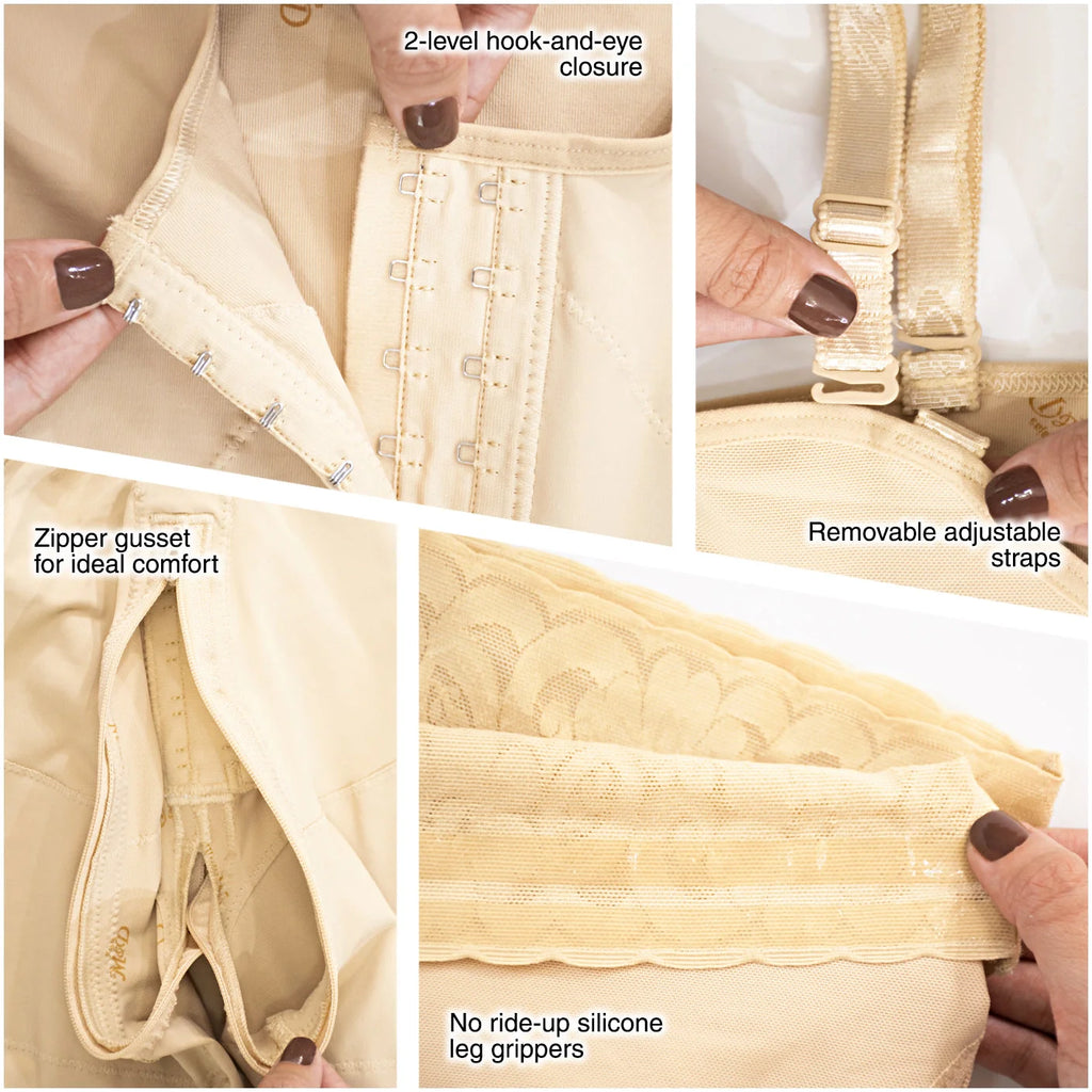 Fajas MyD MYD0066 beige post-surgery faja detail view showing hook-and-eye closure, zipper gusset, adjustable straps, and sil