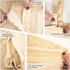 Fajas MyD MYD0066 beige post-surgery faja detail view showing hook-and-eye closure, zipper gusset, adjustable straps, and sil