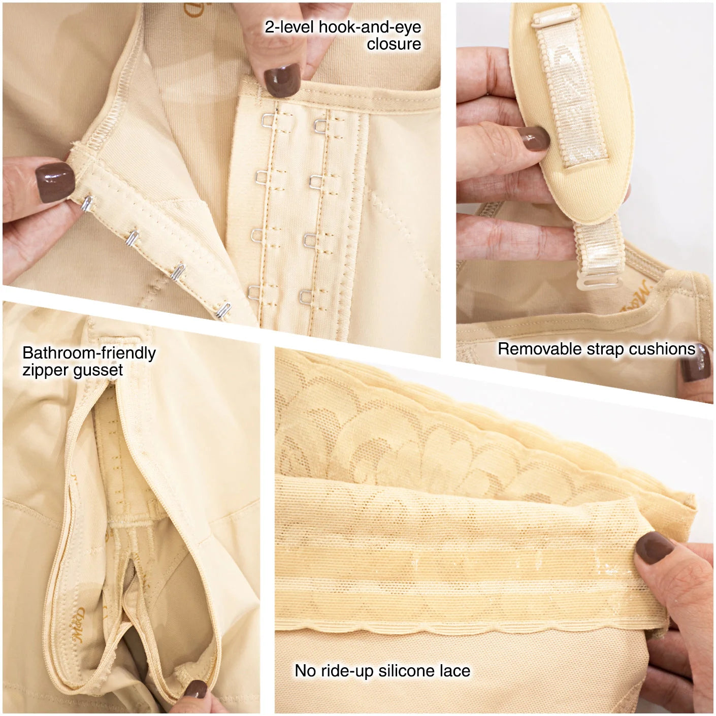 Fajas MyD MYD0068 beige post-surgery faja detail view showing hook-and-eye closure, zipper gusset, strap cushions, and silico