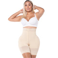 Fajas MyD MYD00728 beige high-waist compression shorts with lace trim, Colombian post-surgery faja front view