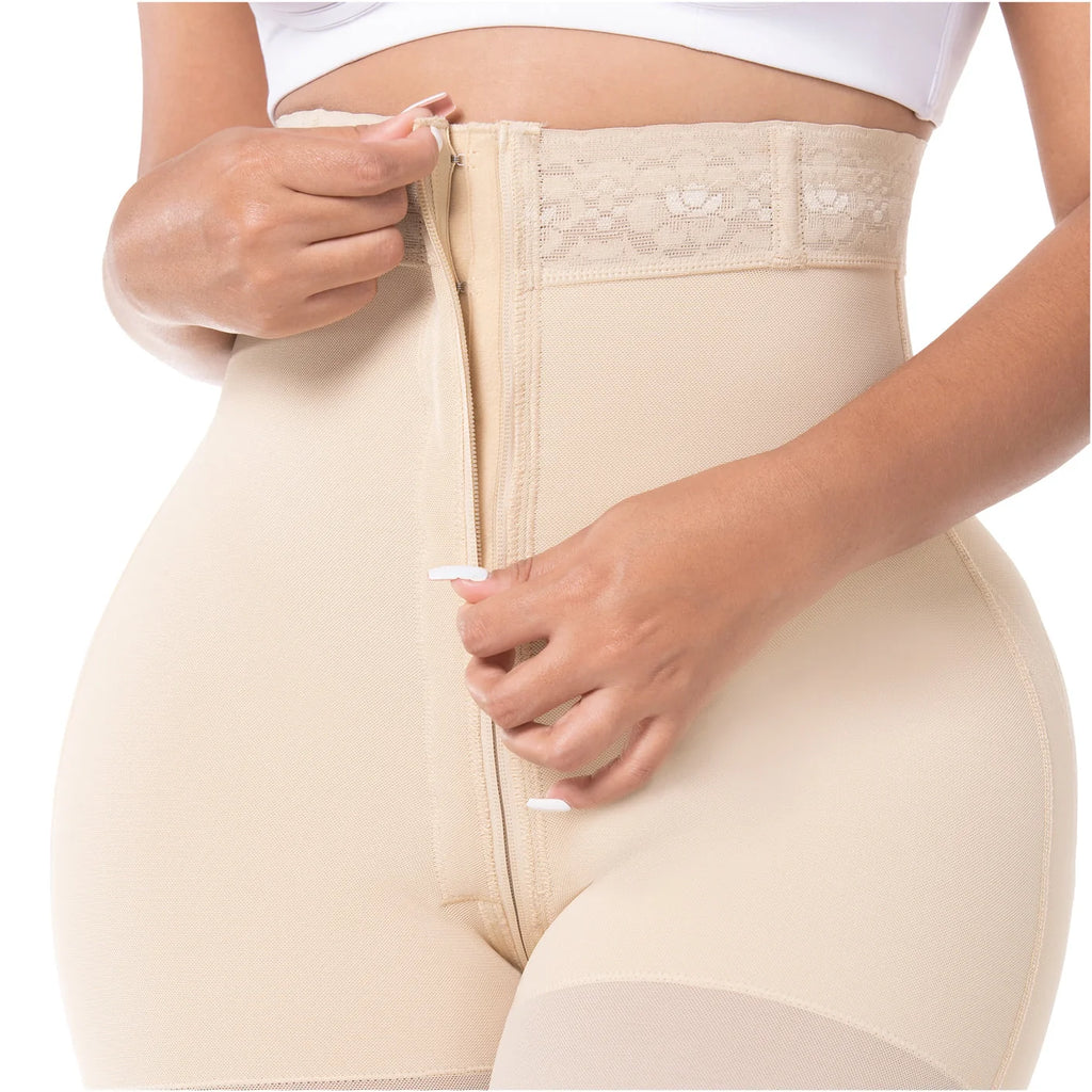 Fajas MyD MYD00728 beige post-surgery faja with front zipper closure, high-waist Colombian shapewear compression garment life