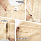 Fajas MyD MYD0074 beige post-surgery faja detail view showing hook-and-eye closure, zipper gusset, implant strap, and lace tr