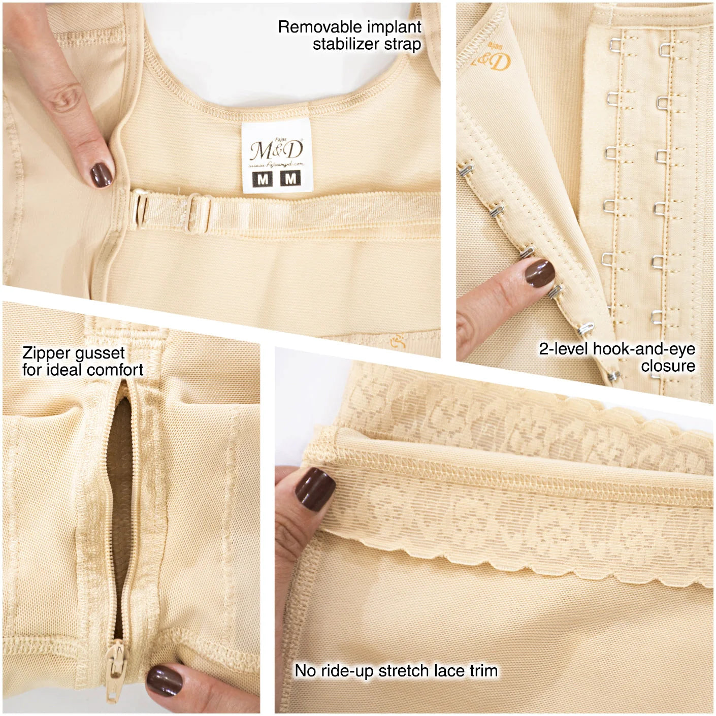 Fajas MyD MYD0074 beige post-surgery faja detail view showing hook-and-eye closure, zipper gusset, implant strap, and lace tr