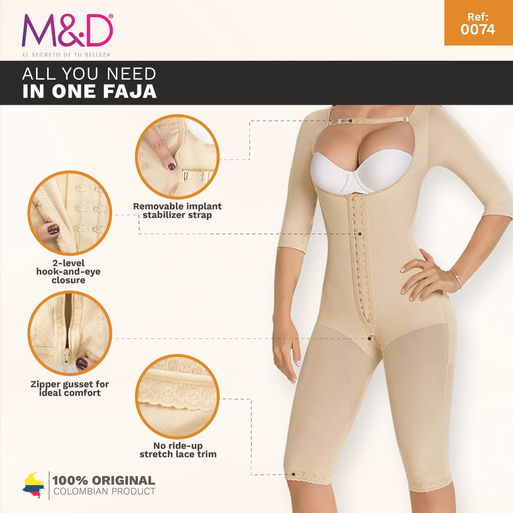 Fajas MyD 0074 beige full-body post-surgery faja with hook closure and sleeves, Colombian shapewear compression garment front