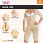 Fajas MyD 0074 beige full-body post-surgery faja with hook closure and sleeves, Colombian shapewear compression garment front