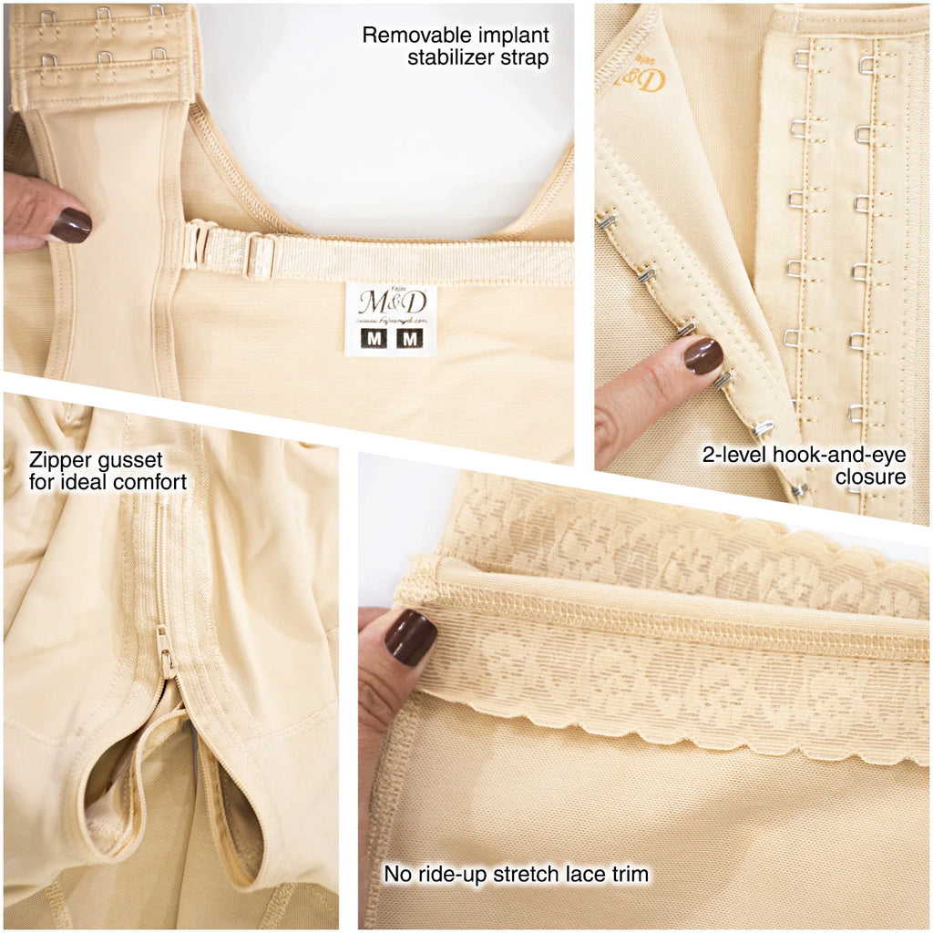Fajas MyD MYD0075 beige post-surgery faja detail view showing hook-and-eye closure, zipper gusset, and implant stabilizer str