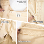 Fajas MyD MYD0075 beige post-surgery faja detail view showing hook-and-eye closure, zipper gusset, and implant stabilizer str