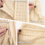 Fajas MyD MYD0080 nude post-surgery faja detail view showing 4-level hook-and-eye closure, removable thong, strap cushions, a
