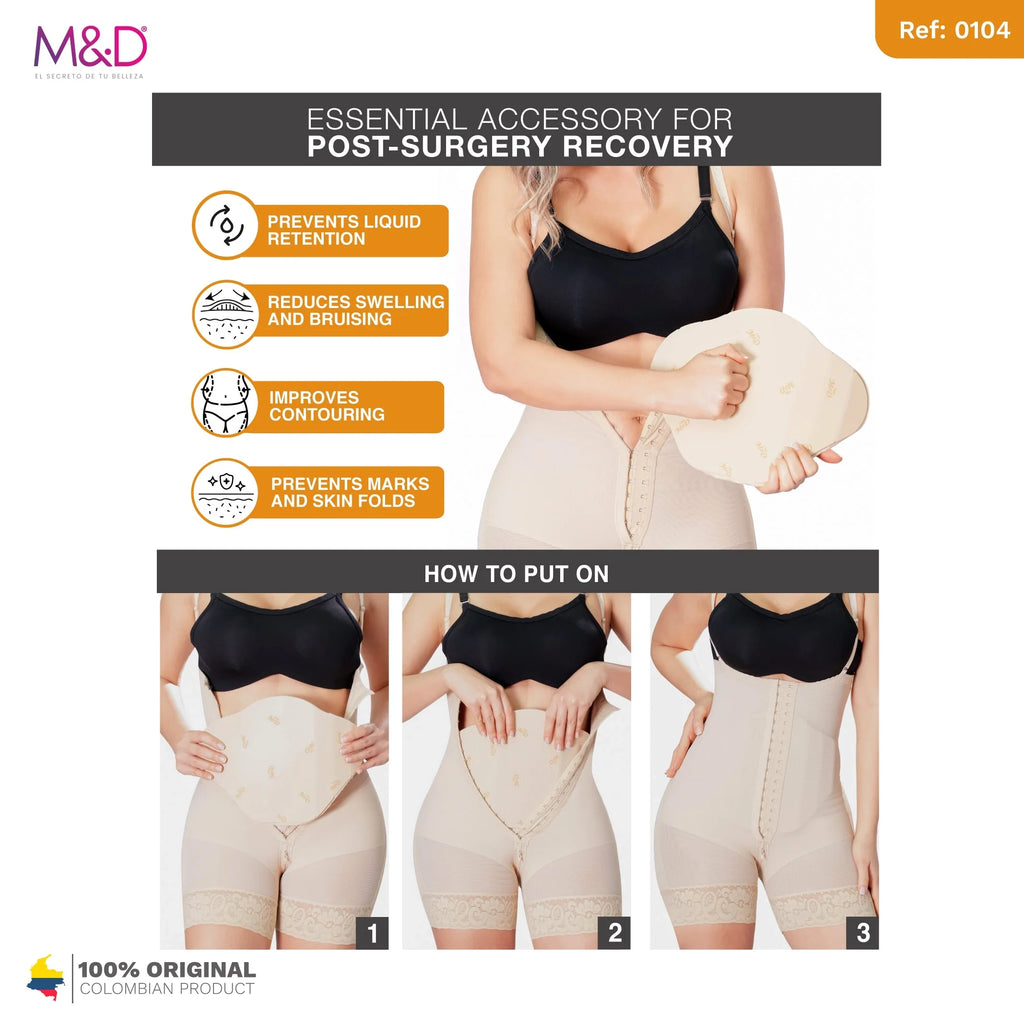 Fajas MyD 0104 beige post-surgery faja with foam pad, Colombian shapewear compression garment how-to guide front view