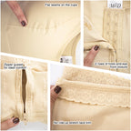 Fajas MyD MYD0120 beige post-surgery faja detail view showing flat cup seams, hook-and-eye closure, zipper gusset, and lace t