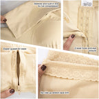 Fajas MyD 0161 beige post-surgery faja detail views showing built-in bra, hook-and-eye closure, zipper gusset, and lace trim 