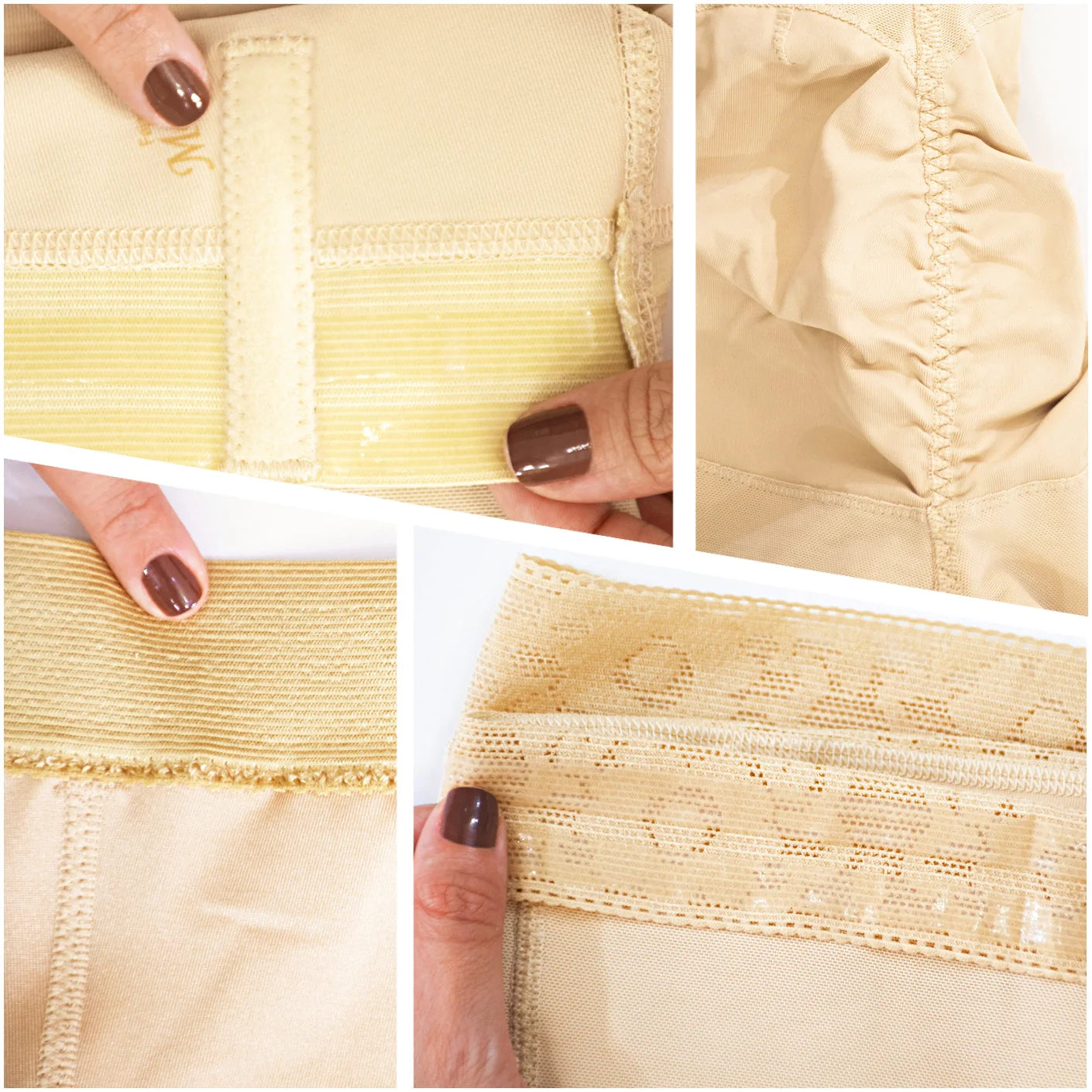 Fajas MyD MYD0323 beige post-surgery faja detail view showing boning channels and hook closure, Colombian shapewear 360 compr