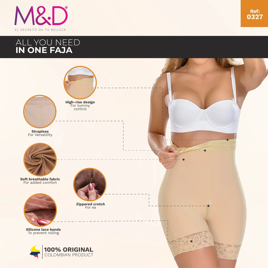 Fajas MyD 0327 beige high-rise Colombian shapewear shorts with zippered crotch and lace bands, post-surgery faja front view