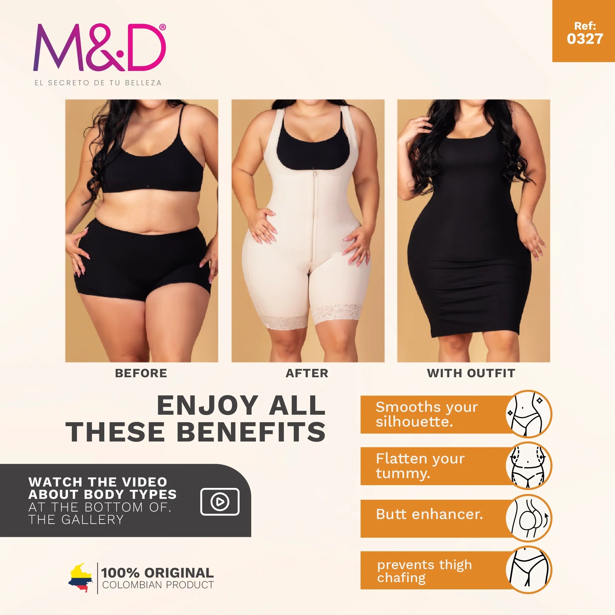 Fajas MyD 0327 beige post-surgery Colombian shapewear faja before after comparison, full-body compression garment with zipper