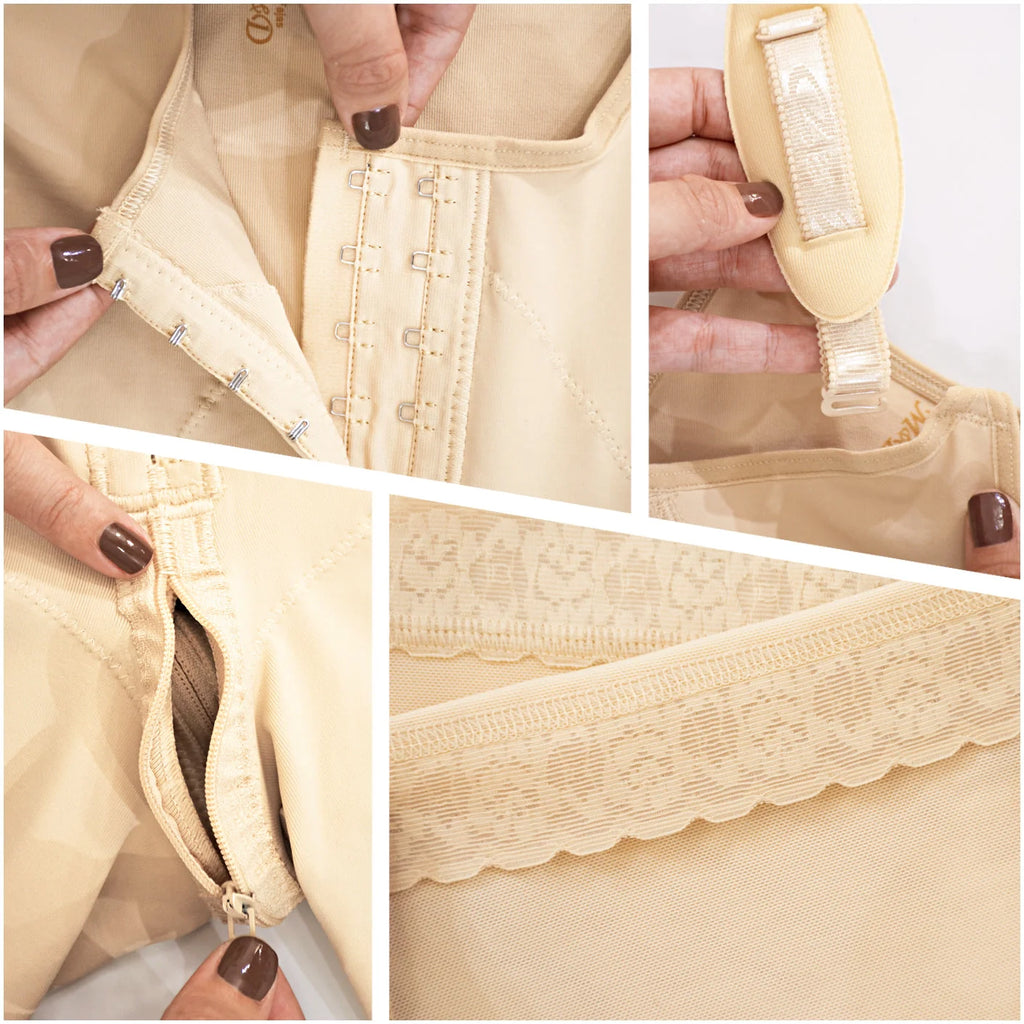 Fajas MyD MYD0478 beige post-surgery faja detail view showing hook closure, strap adjuster, zipper, and lace trim compression