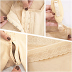 Fajas MyD MYD0478 beige post-surgery faja detail view showing hook closure, strap adjuster, zipper, and lace trim compression