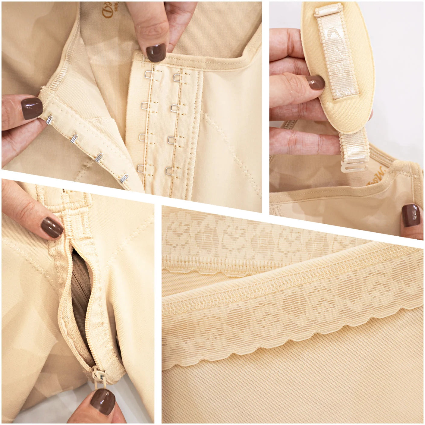 Fajas MyD MYD0478 beige post-surgery faja detail view showing hook closure, strap adjuster, zipper, and lace trim compression