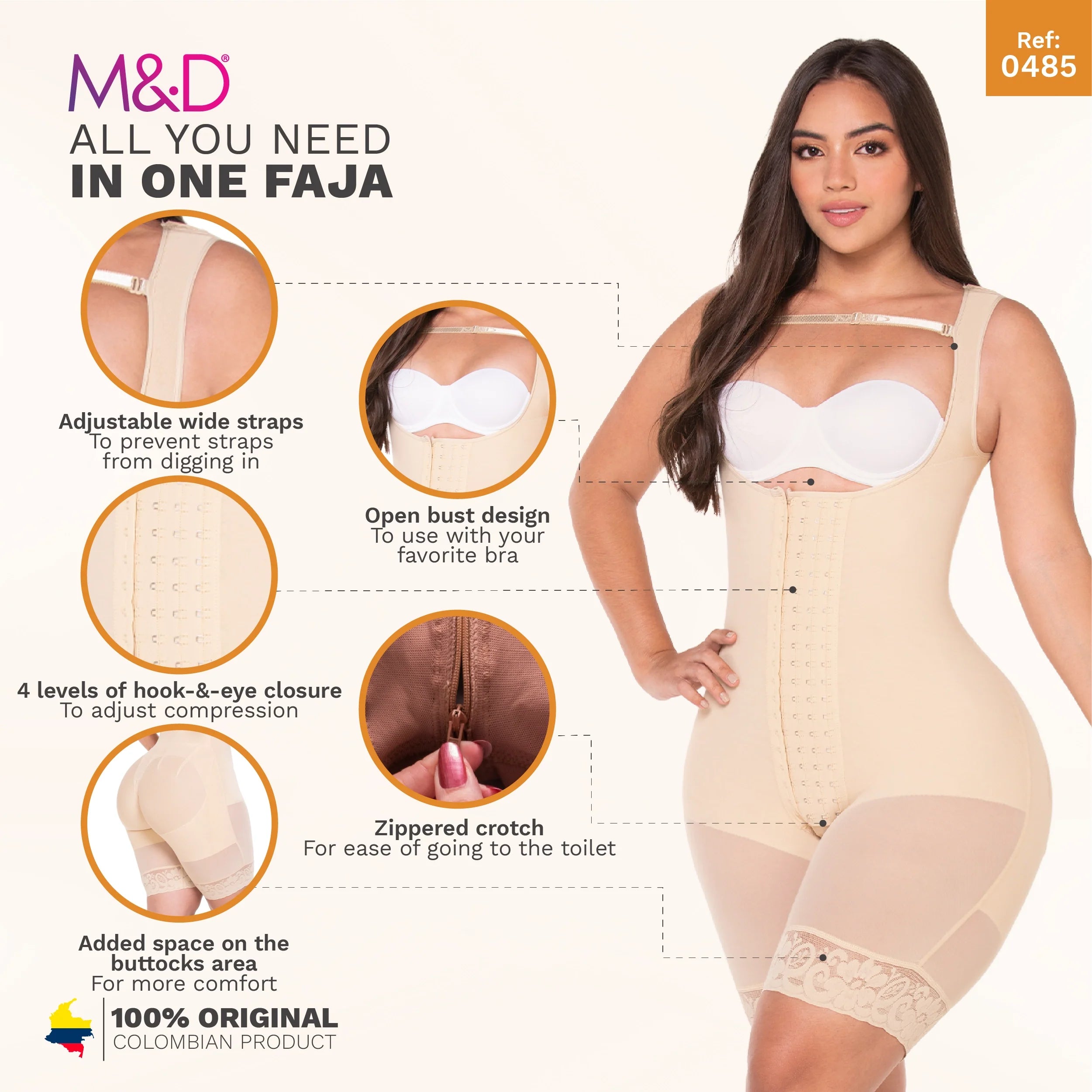 Fajas MyD 0485 beige open-bust post-surgery faja colombiana with hook closure and zippered crotch, full-body Colombian shapew
