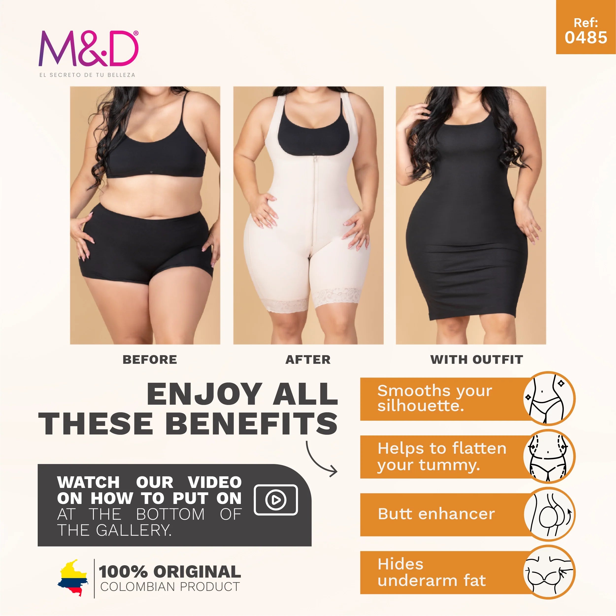 Fajas MyD 0485 beige full-body post-surgery faja colombiana with zipper closure, Colombian shapewear before and after front v