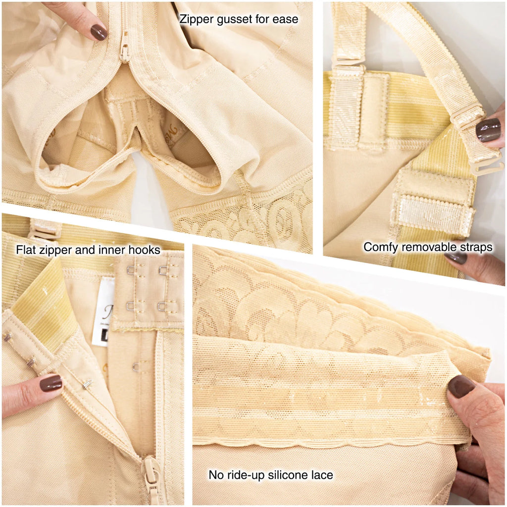 Fajas MyD MYD0766 beige post-surgery faja detail view showing zipper gusset, removable straps, hooks, and silicone lace Colom