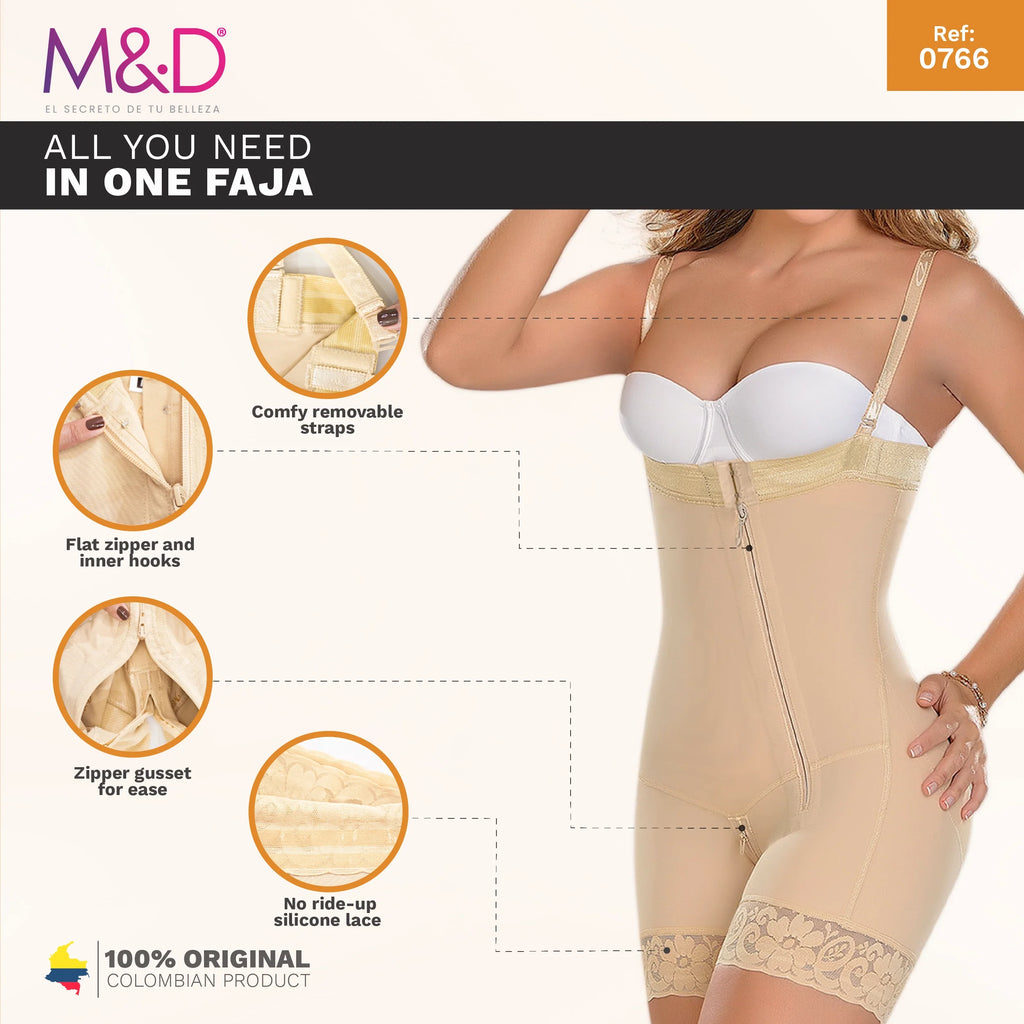 Fajas MyD 0766 beige post-surgery faja colombiana with zipper gusset and removable straps, women's body shaper front view