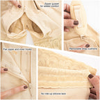 Fajas MyD MYD0768 beige post-surgery faja detail view showing zipper gusset, hooks, strap cushions, and silicone lace Colombi