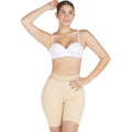 Fajas MyD 08324 beige shaper shorts front view, Colombian shapewear mid-thigh compression garment for daily use