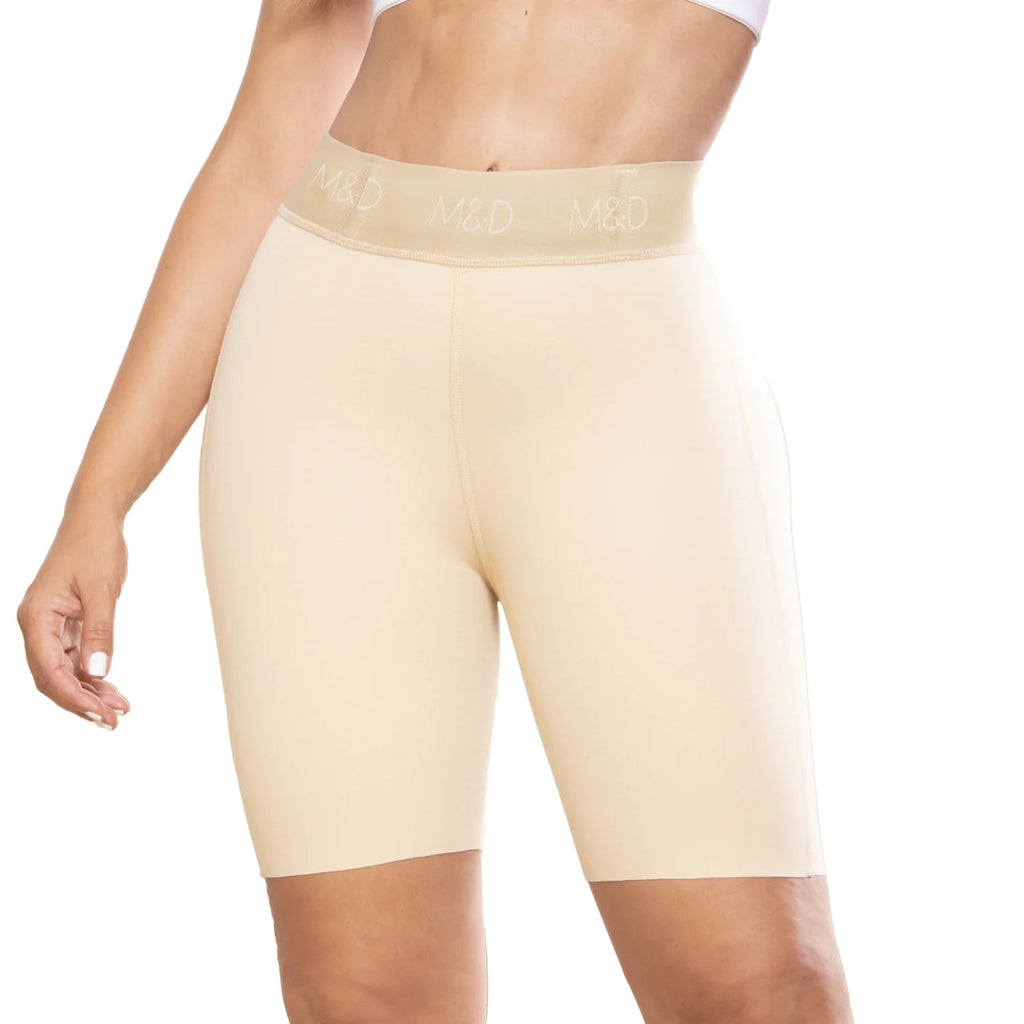 Fajas MyD 08324 beige biker shaper shorts with branded waistband, Colombian shapewear for daily compression front view