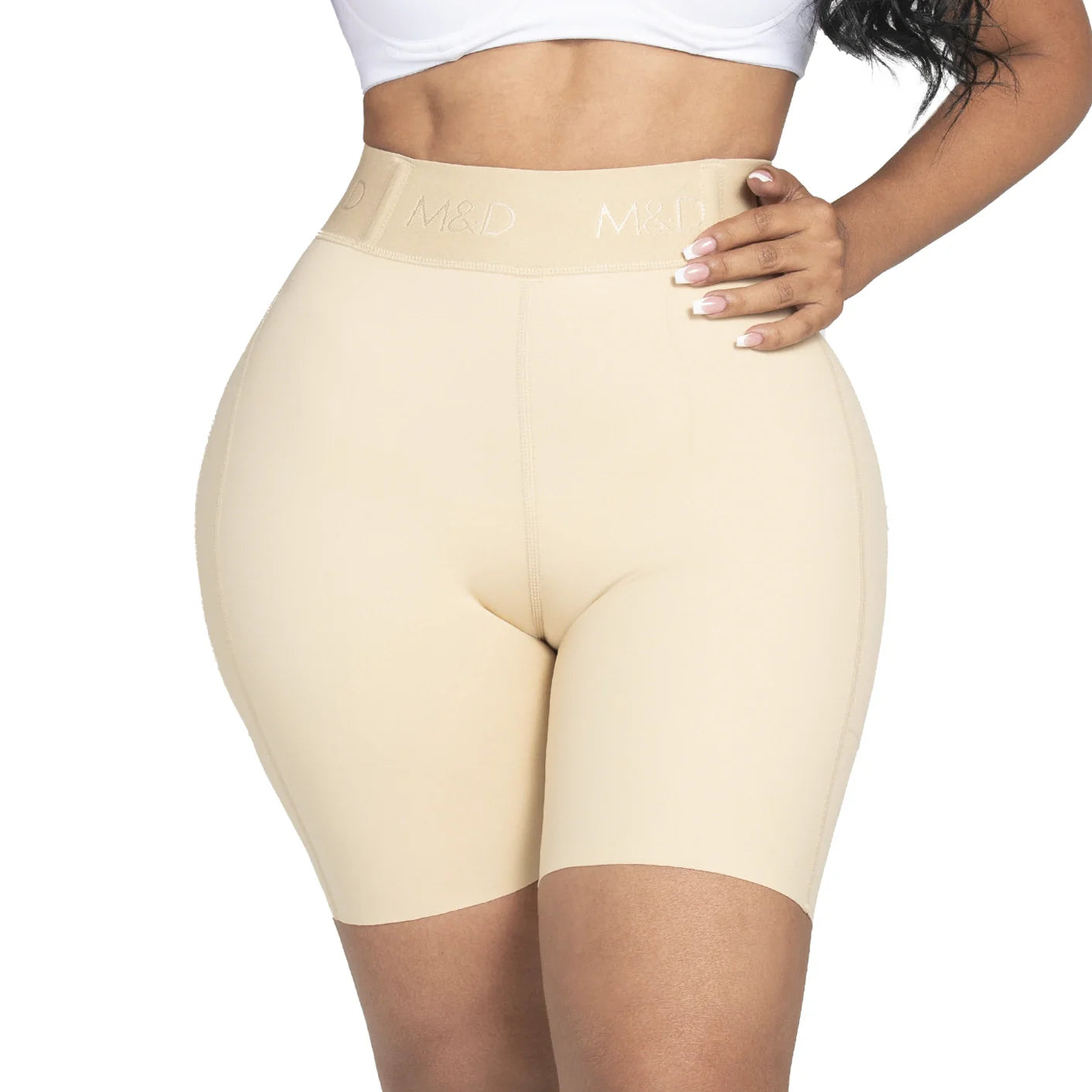 Fajas MyD MYD08324 beige high-waist shaper shorts front view, Colombian shapewear body shaper for daily slimming