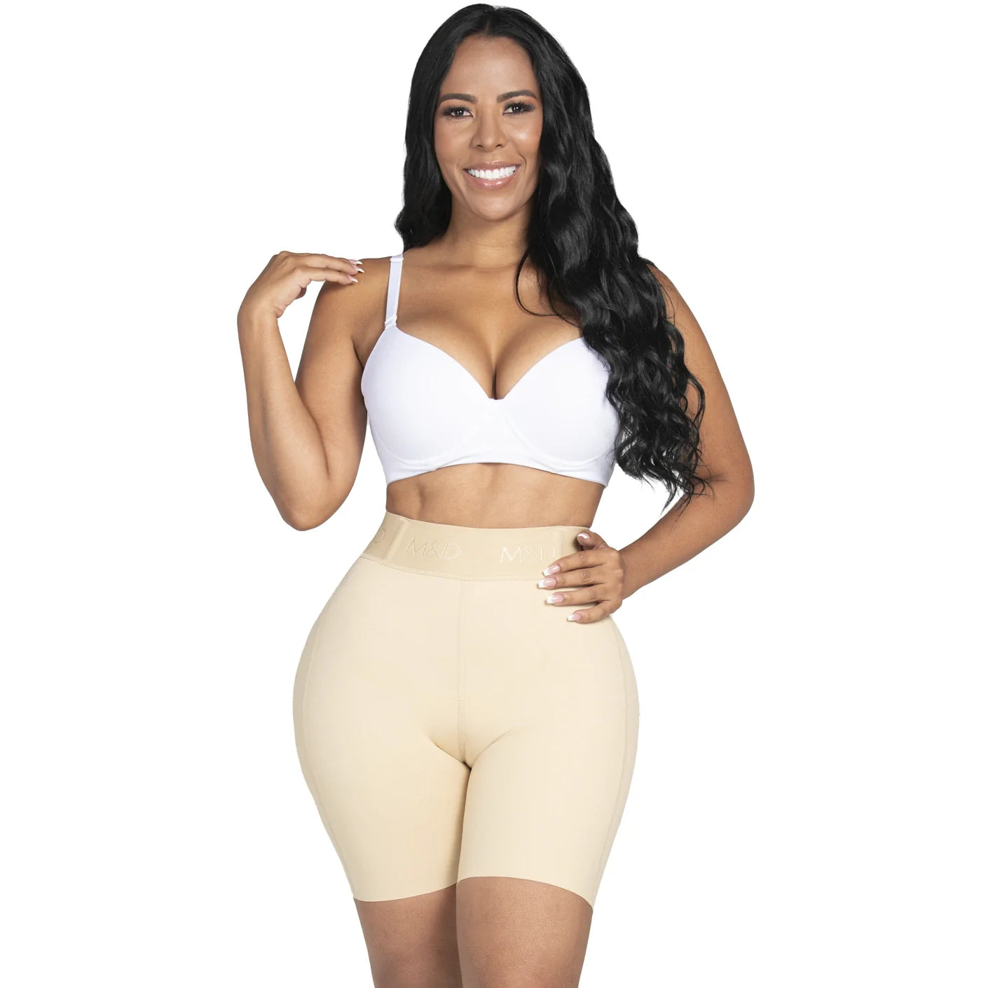 Fajas MyD MYD08324 beige high-waist shaper shorts front view, Colombian shapewear body shaper for daily slimming women